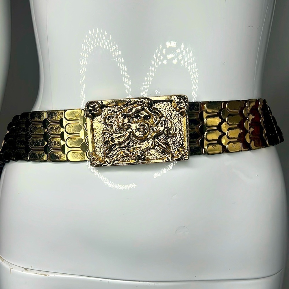 Vintage XL 36-44” Elastic Goldtone Metal Front Clasp Art Buckle Belt